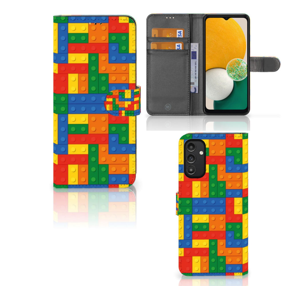 Samsung Galaxy A14 5G Telefoon Hoesje Blokken met kleurrijk blokken ontwerp en ruimte voor 3 pasjes