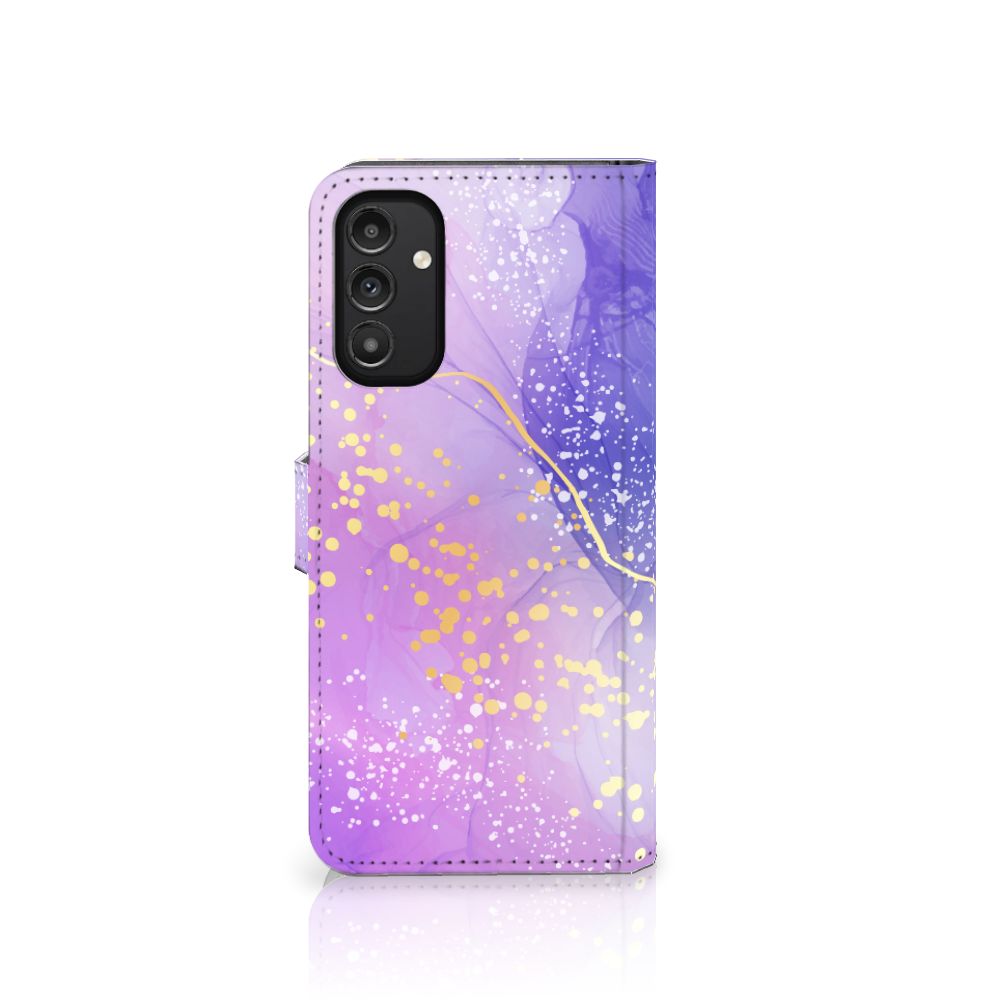 Hoesje voor Samsung Galaxy A14 4G Watercolor Paars met een mooi paarse watercolor design en gouden accenten.