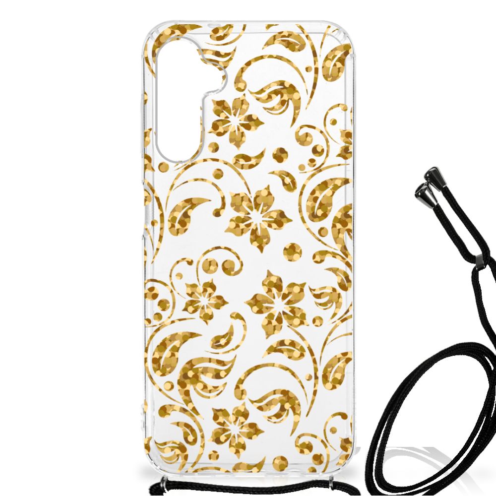 Samsung Galaxy A14 5G Case Gouden Bloemen met een goud bloemenpatroon op transparante achtergrond.