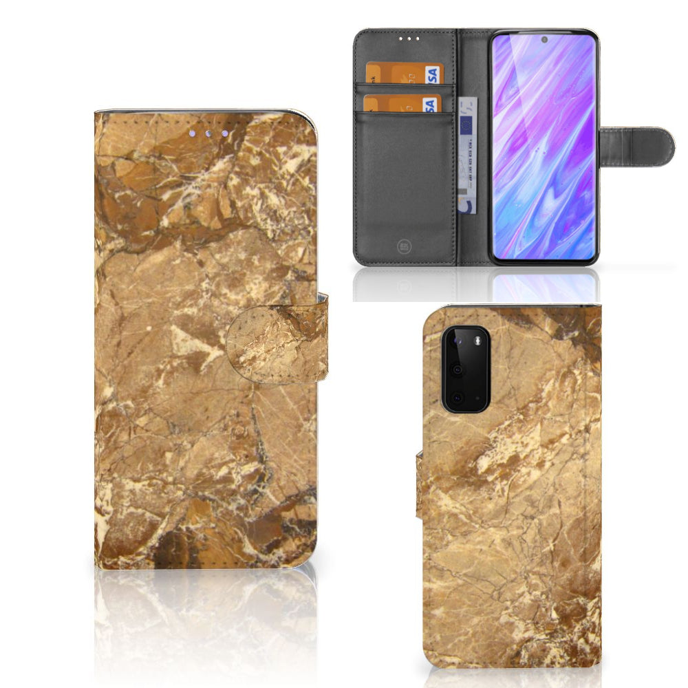 Samsung Galaxy S20 Bookcase Marmer Creme met luxe marmer design en pasjeshouder.