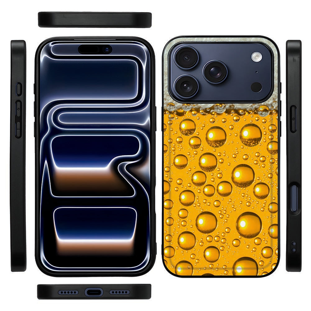 Zijkant van het iPhone 18 Pro hoesje Bier, zwarte TPU-rand rondom het gele design