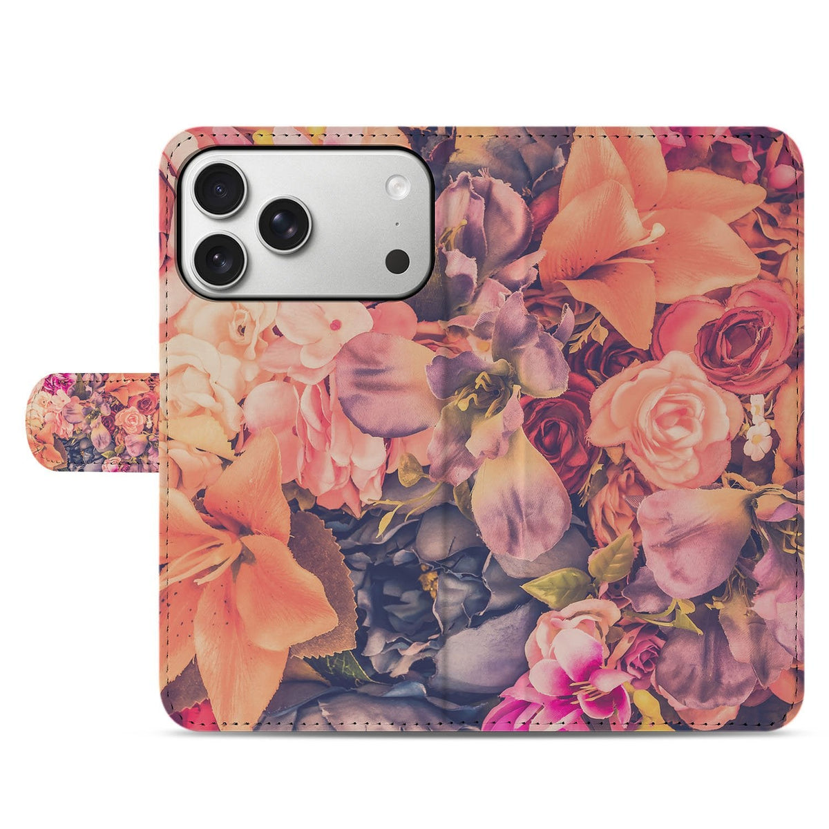 Voorkant gesloten van de iPhone 18 Pro bookcase met bloemenprint Bosje Bloemen