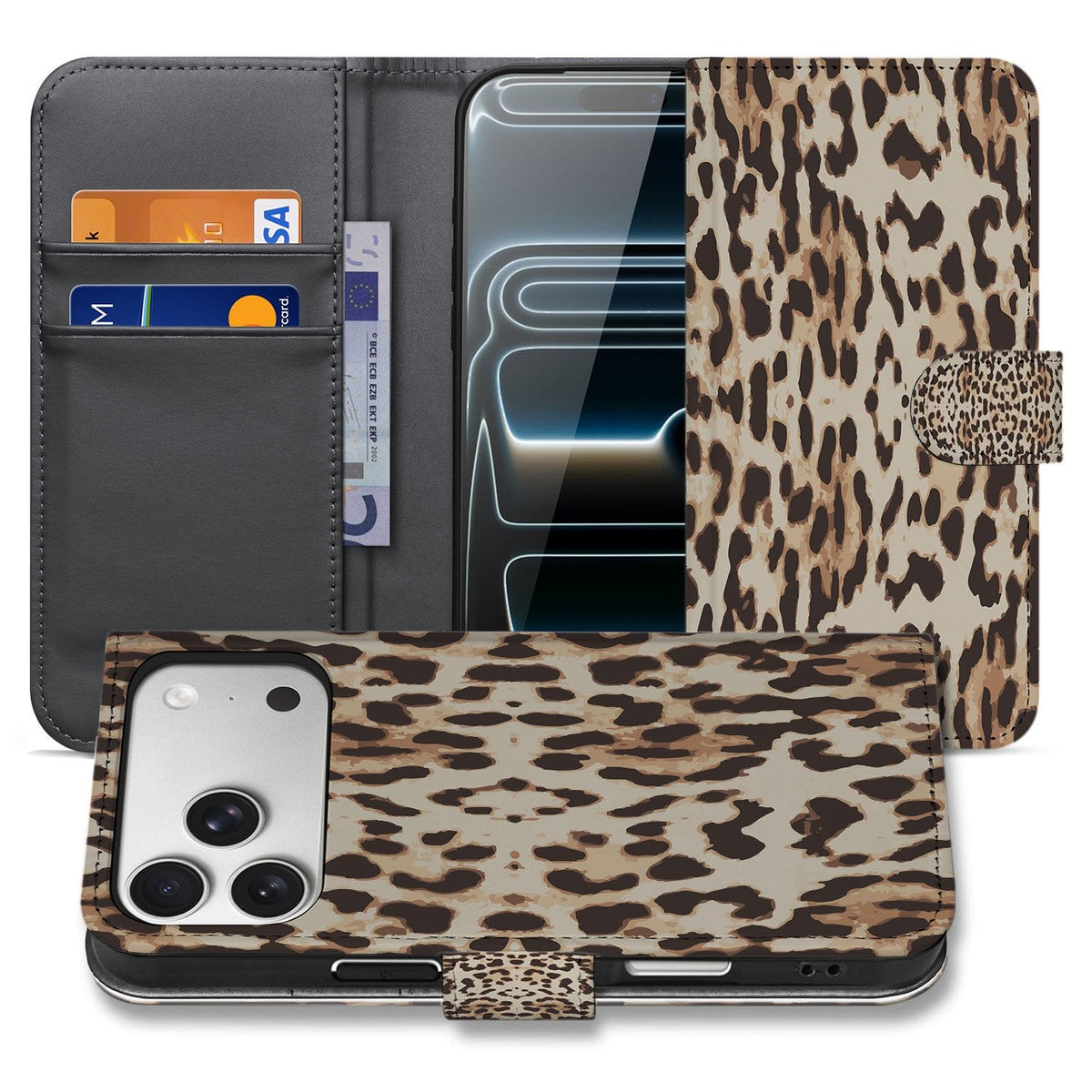 Bookcase hoesje iPhone 18 Pro Leopard, open en dicht naast elkaar met bruin-beige luipaardprint