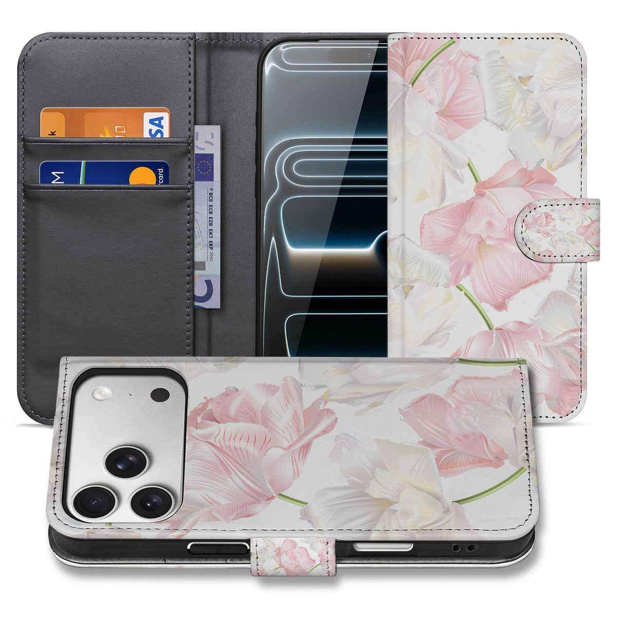 Bookcase hoesje Lovely Flowers voor iPhone 18 Pro, open en dicht getoond met wit-roze bloemenprint