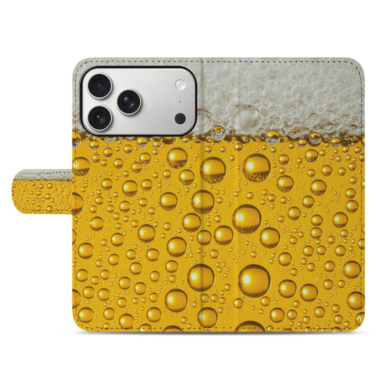 Geel-witte Bier print op de gesloten voorkant van het iPhone 18 Pro Max bookcase hoesje