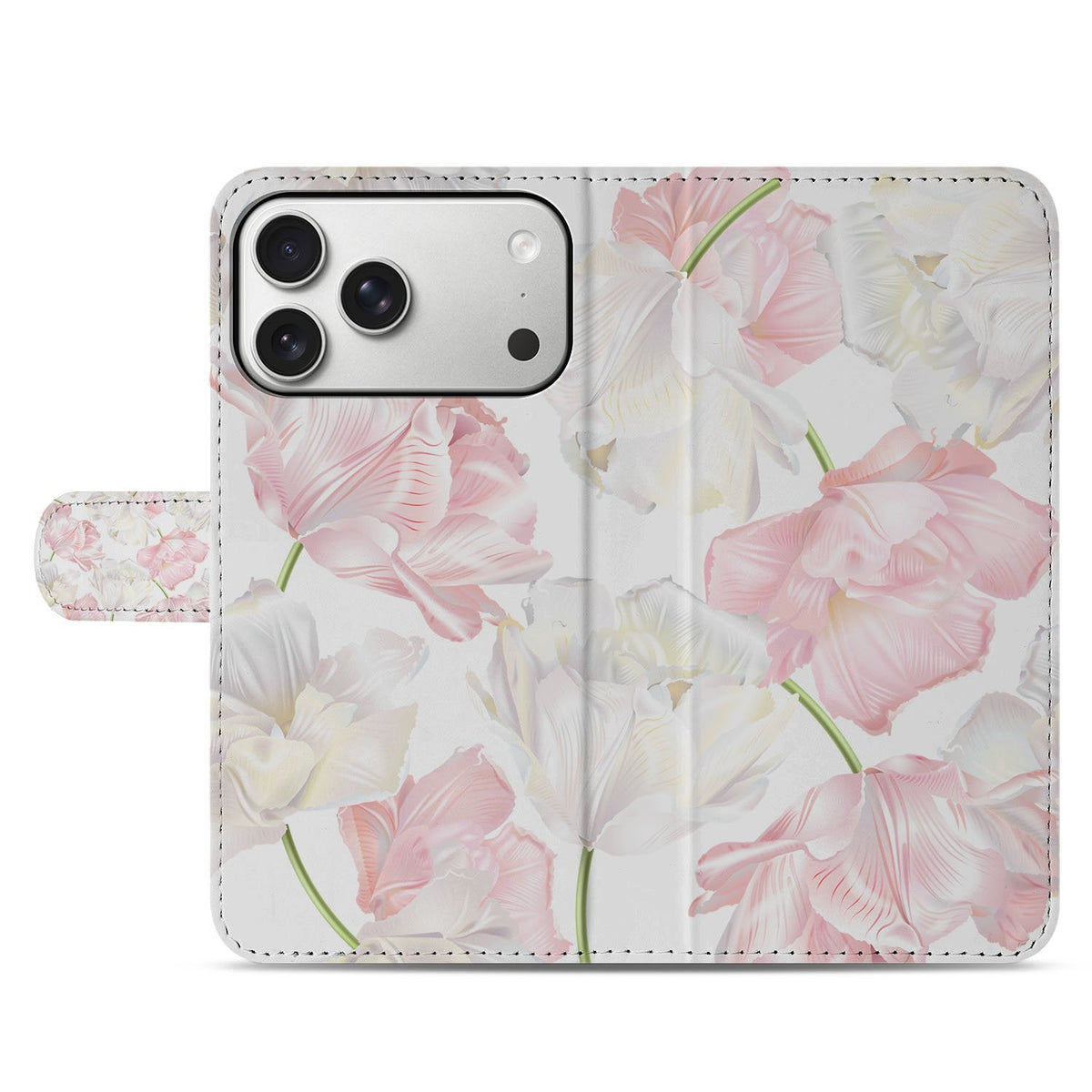 Voorflap met witte en rosÊ bloemen van het Lovely Flowers hoesje, iPhone 18 Pro Max gesloten
