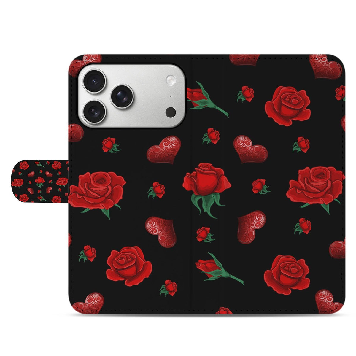 Voorkant gesloten Valentine bookcase voor de iPhone 18 Pro, zwart met rode illustratie