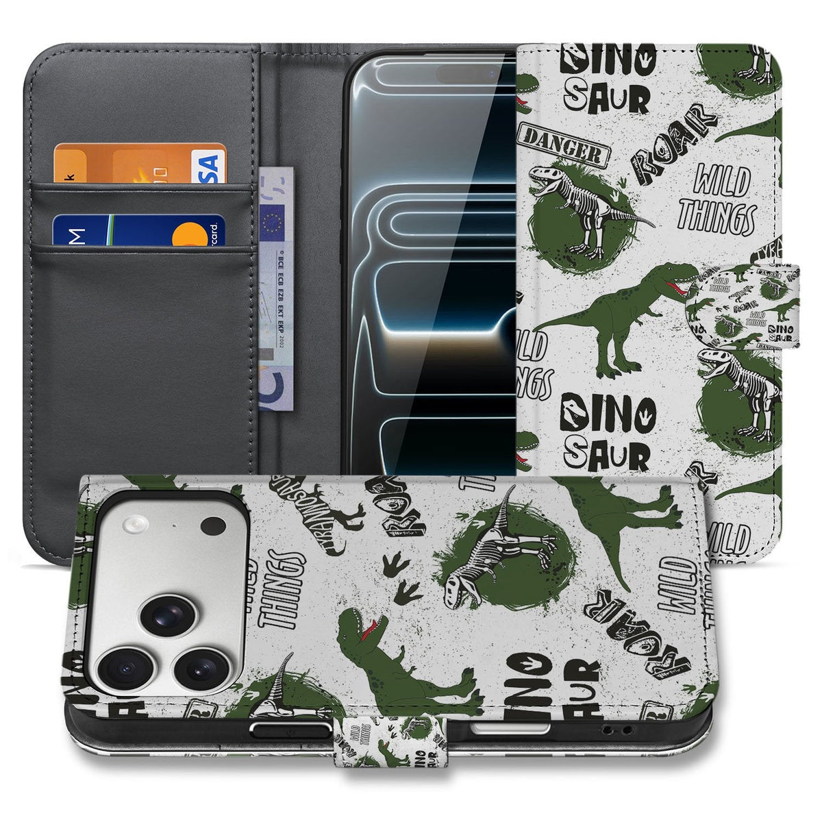 Bookcase iPhone 18 Pro Dinosaurus in groen en wit, open en gesloten naast elkaar