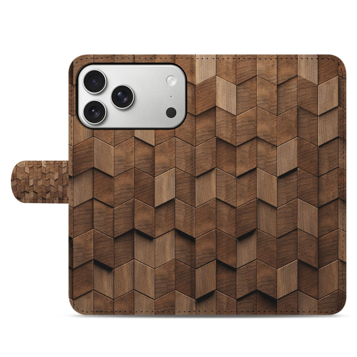 Gesloten voorkant van de Wooden Cubes bookcase voor de iPhone 18 Pro met houtlook-kubussen