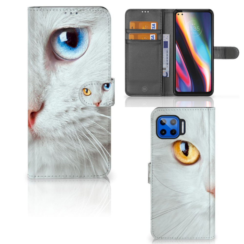 Motorola Moto G 5G Plus Telefoonhoesje met Pasjes Witte Kat