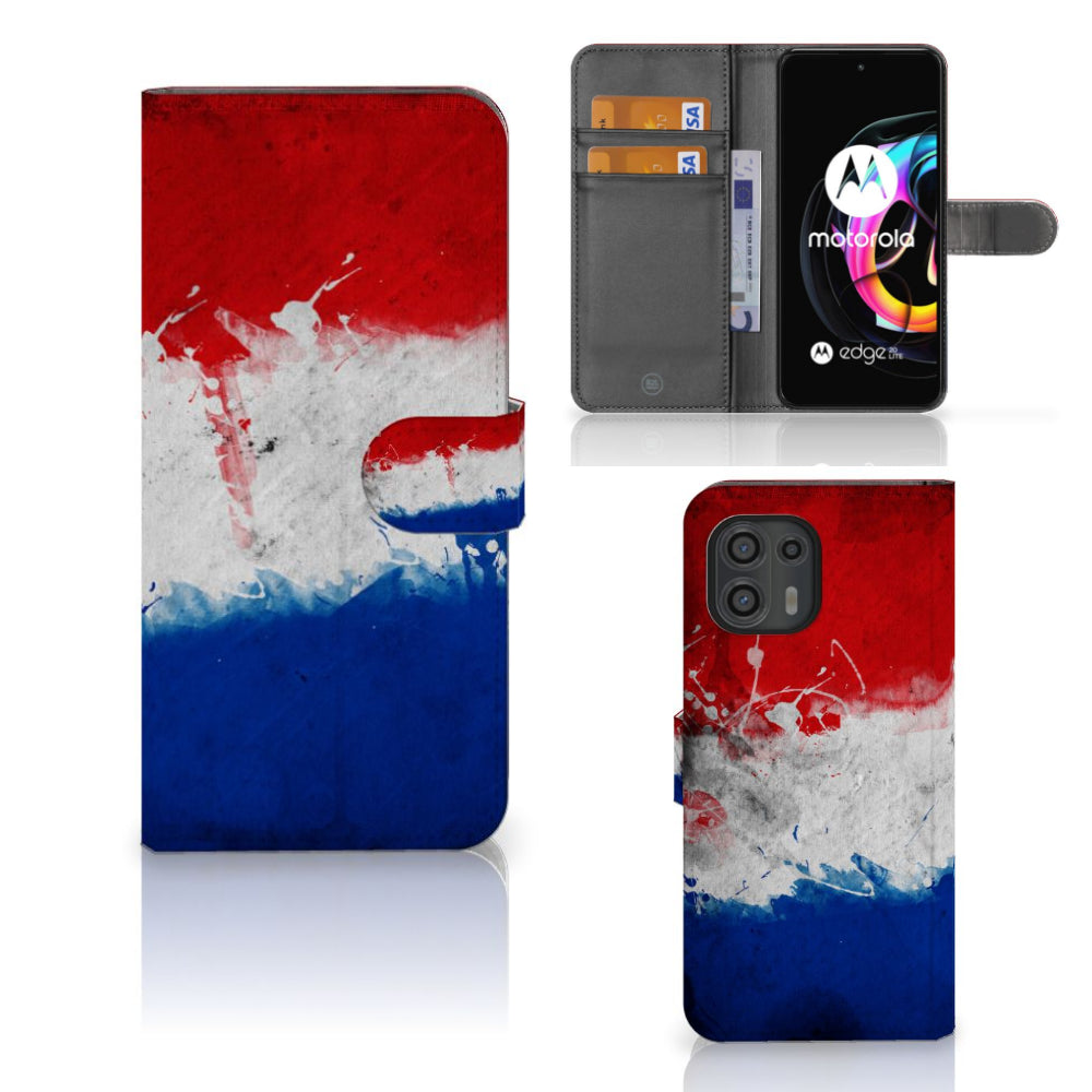 Motorola Edge 20 Lite Bookstyle Case Nederland met artistiek design van de Nederlandse vlag