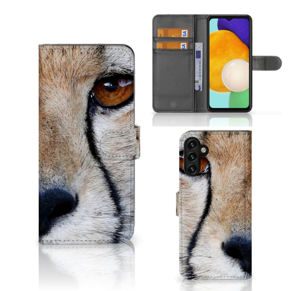 Samsung Galaxy A04s | Samsung Galaxy A13 5G Telefoonhoesje met Pasjes Cheetah met close-up cheeta oog