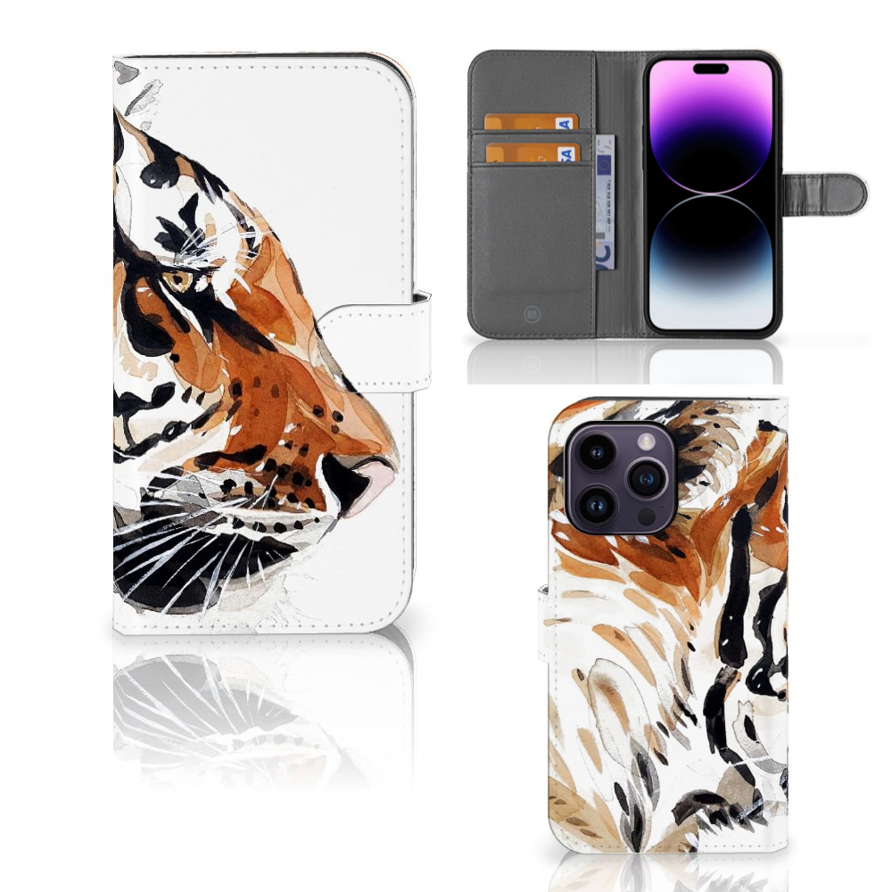 Hoesje iPhone 15 Pro Max Watercolor Tiger met abstract tijgerdesign en magnetische sluiting.