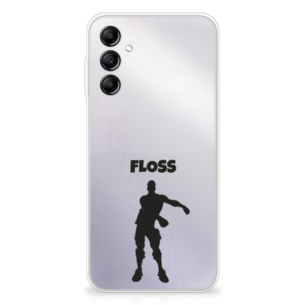 Samsung Galaxy A14 5G Telefoonhoesje met Naam Floss met een dansende figuur en opvallende tekst.