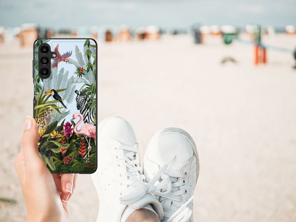 Dierenprint Telefoonhoesje voor Samsung Galaxy A14 5G Jungle met tropische jungle design op het strand.