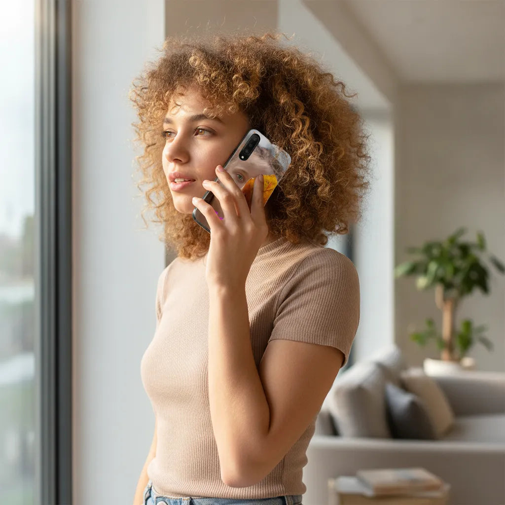 Vrouw met Huawei P30 Lite Hoesje Maken met Foto | TPU, bellen en genieten van het uitzicht in een moderne woonkamer.
