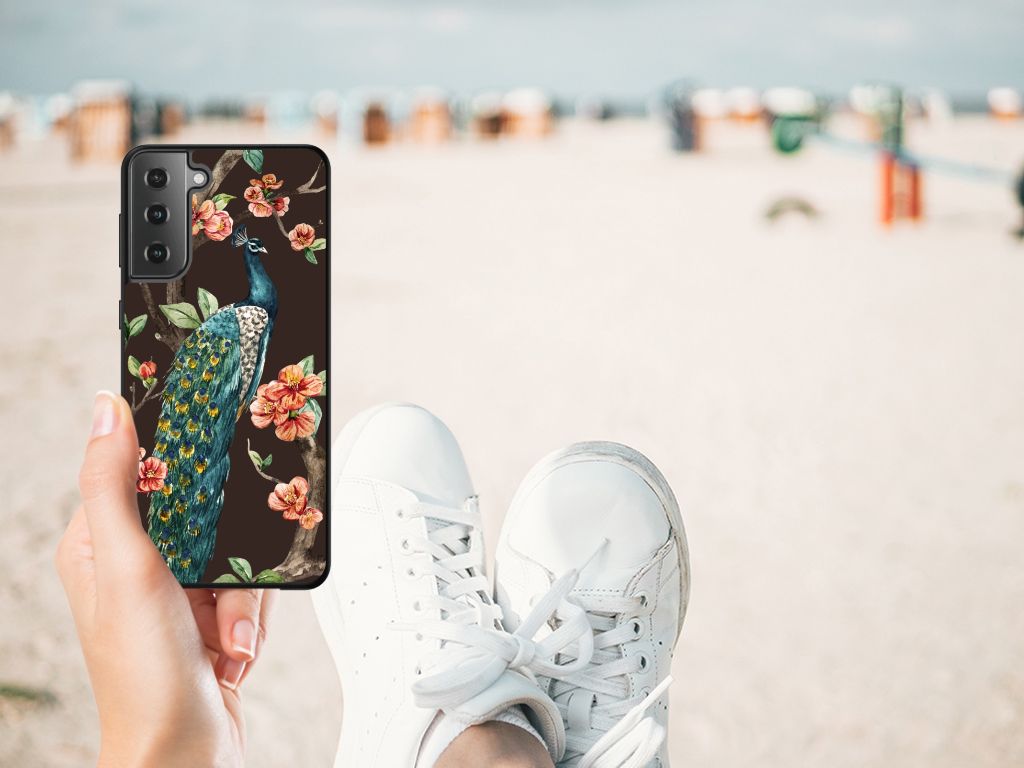 Samsung Galaxy S21 Plus Dierenprint Telefoonhoesje Pauw met Bloemen B2C Telecom