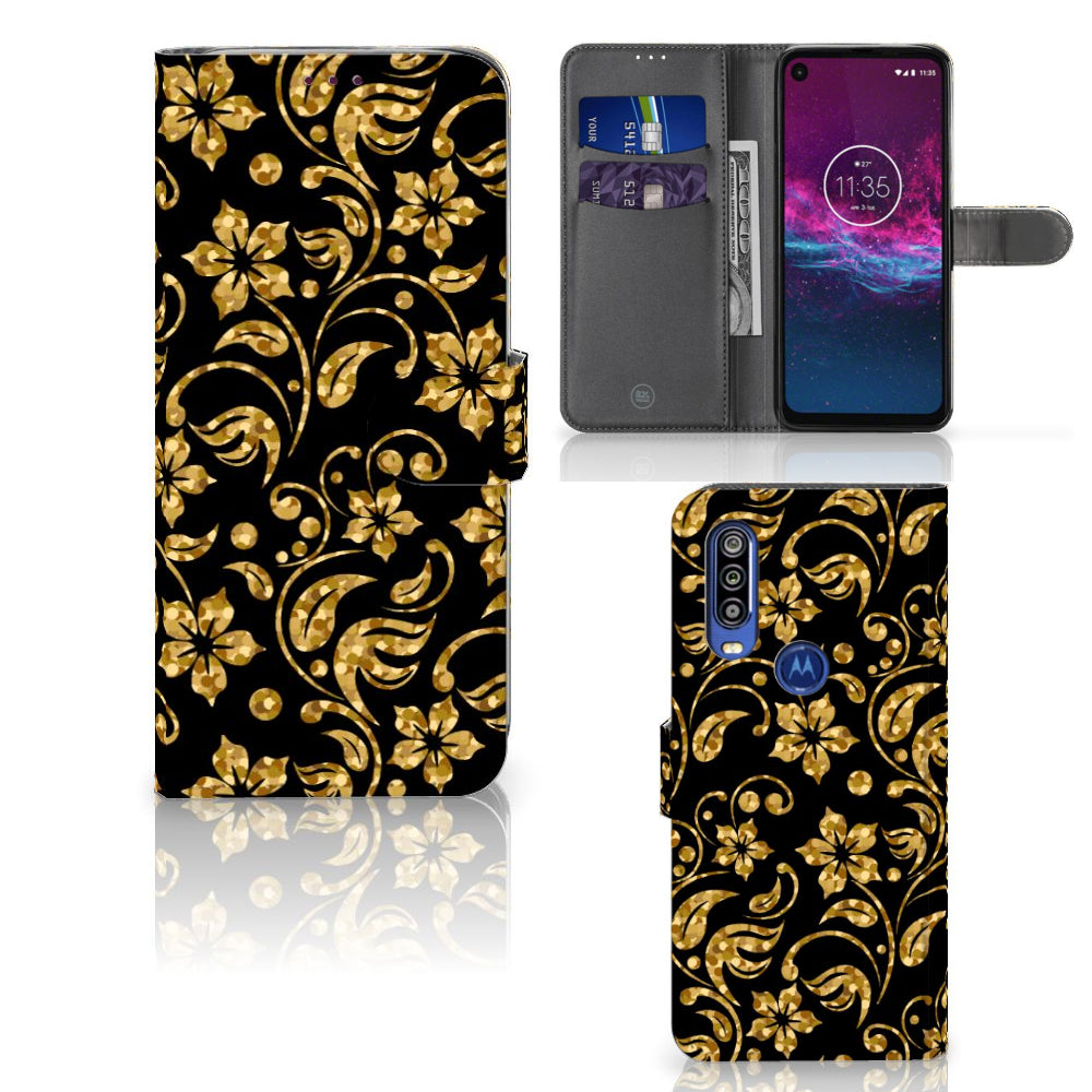 Motorola One Action Hoesje Gouden Bloemen