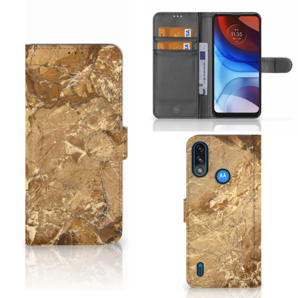 Motorola Moto E7i Power | E7 Power Bookcase Marmer Creme voorzijde, binnenkant met pasjes en achterkant.