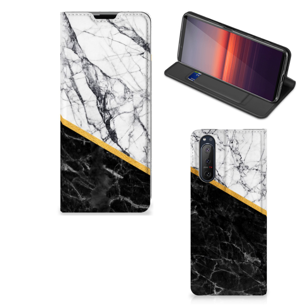 Sony Xperia 5 II Standcase Marmer Wit Zwart - Origineel Cadeau Man - B2C Telecom