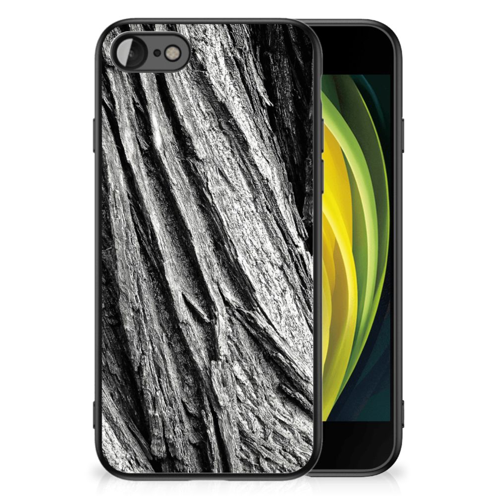 Houten Print Telefoonhoesje iPhone SE 2022 | SE 2020 | 7/8 Boomschors Grijs voor Apple iPhone in zwart-wit design.