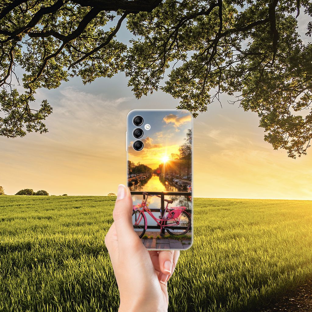 Samsung Galaxy A14 5G Siliconen Back Cover Amsterdamse Grachten met fiets en zonsondergang