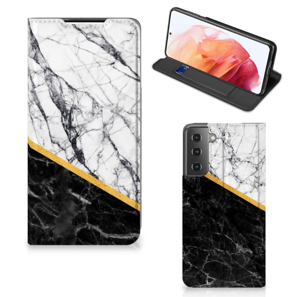 Samsung Galaxy S21 Standcase Marmer Wit Zwart - Origineel Cadeau Man