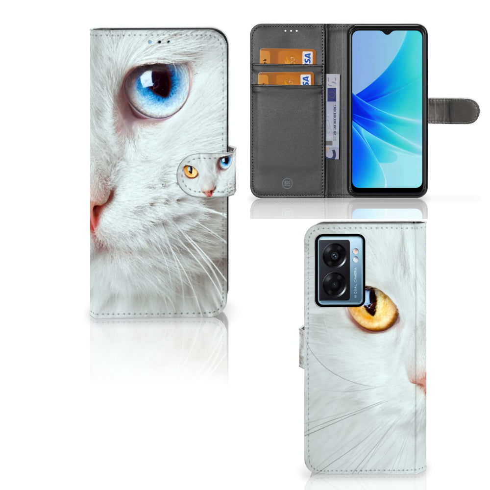 OPPO A77 5G | A57 5G Telefoonhoesje met Pasjes Witte Kat