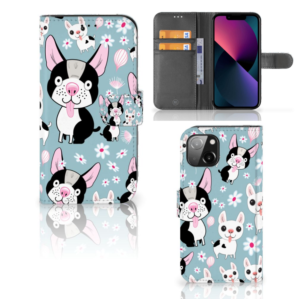 Apple iPhone 13 Telefoonhoesje met Pasjes Hondjes met cartoon hondjes op een blauwe achtergrond đļ.