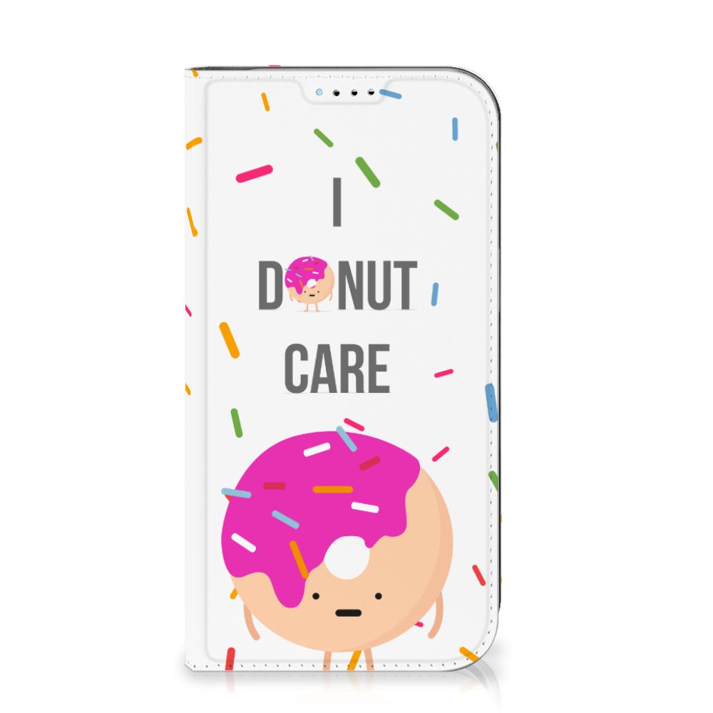 iPhone 15 Flip Style Cover Donut Roze met een grappige donut cartoon en kleurrijke sprinkles đŠ