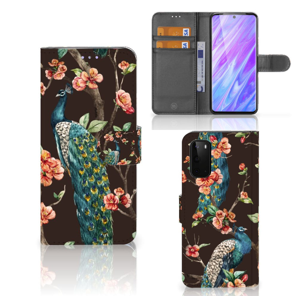 Samsung Galaxy S20 Telefoonhoesje met Pasjes Pauw met Bloemen