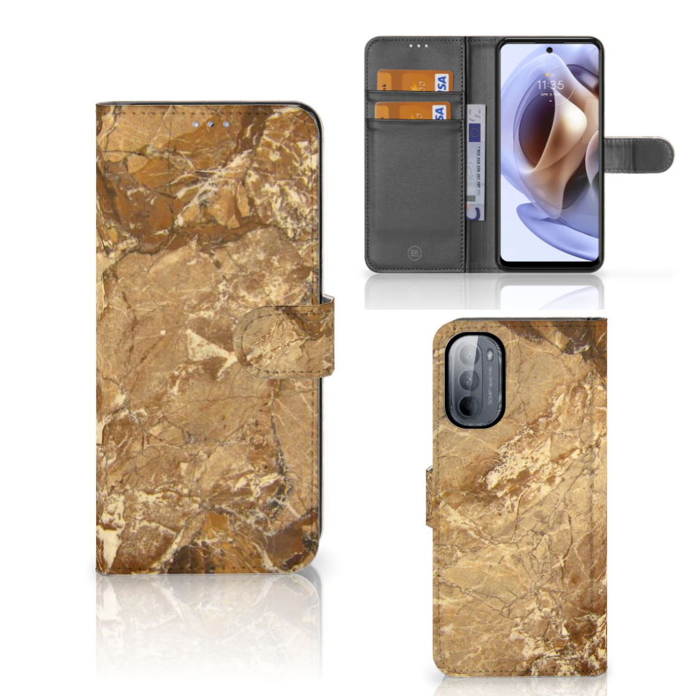 Motorola Moto G31 | G41 Bookcase Marmer Creme met luxe marmerdesign en binnenvak voor pasjes.
