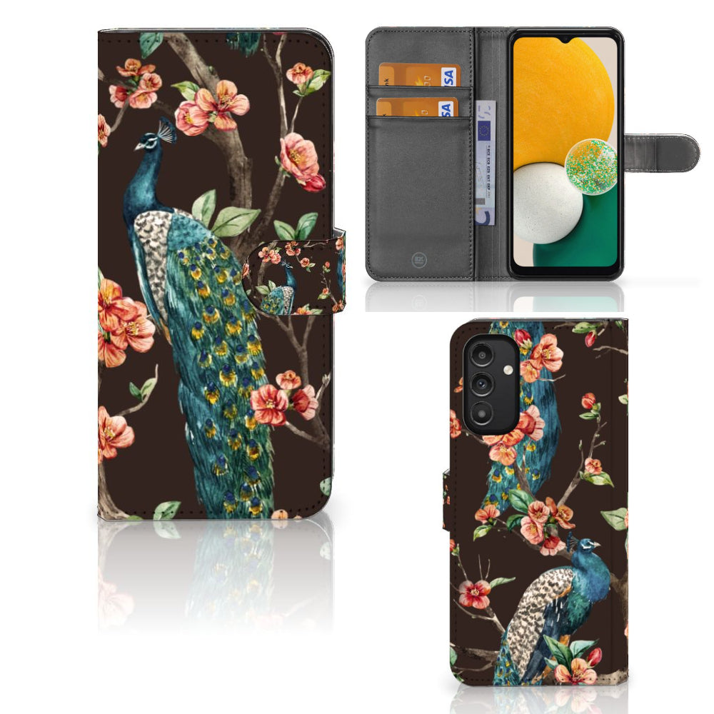 Samsung Galaxy A14 4G Telefoonhoesje met Pasjes Pauw met Bloemen - Artistiek ontwerp met pauw en bloemen.