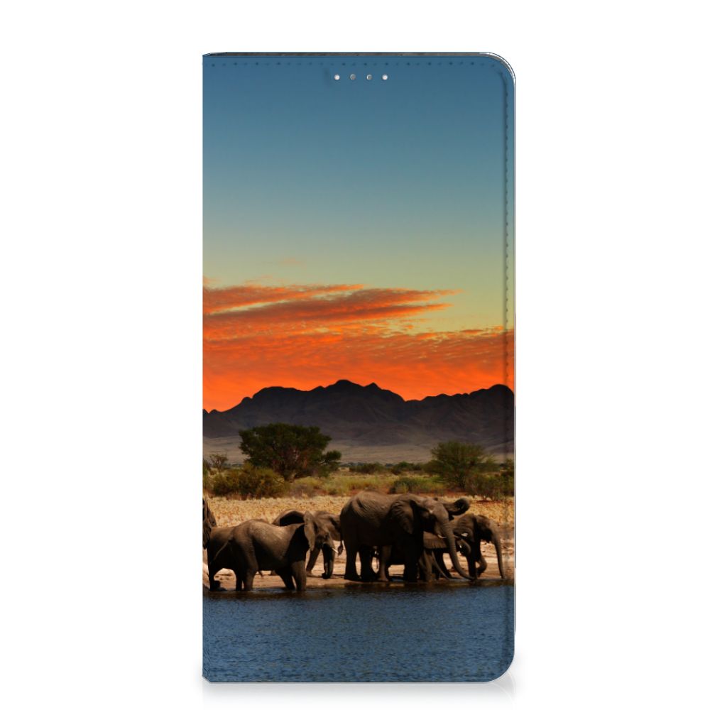 Samsung Galaxy A14 4G Hoesje maken Olifanten met afbeelding van olifanten bij zonsondergang.