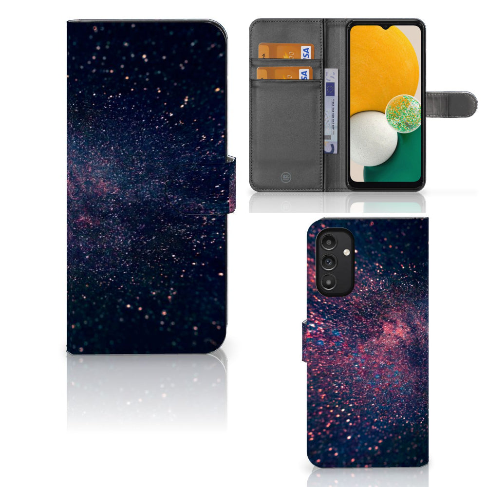 Samsung Galaxy A14 4G Book Case Stars with glittery cosmic design and space for cards.