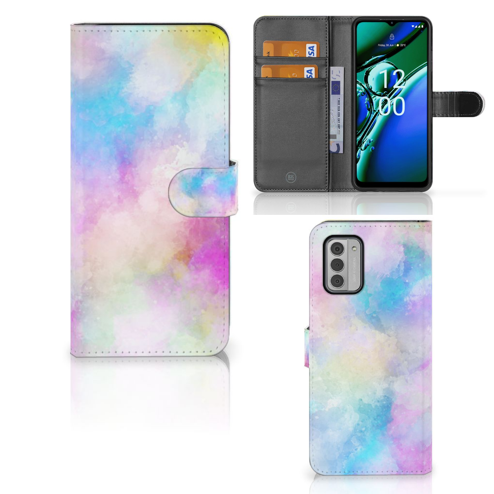 Hoesje Nokia G42 Watercolor Light met pasjeshouder en pastelkleuren, uniek en kleurrijk ontwerp.