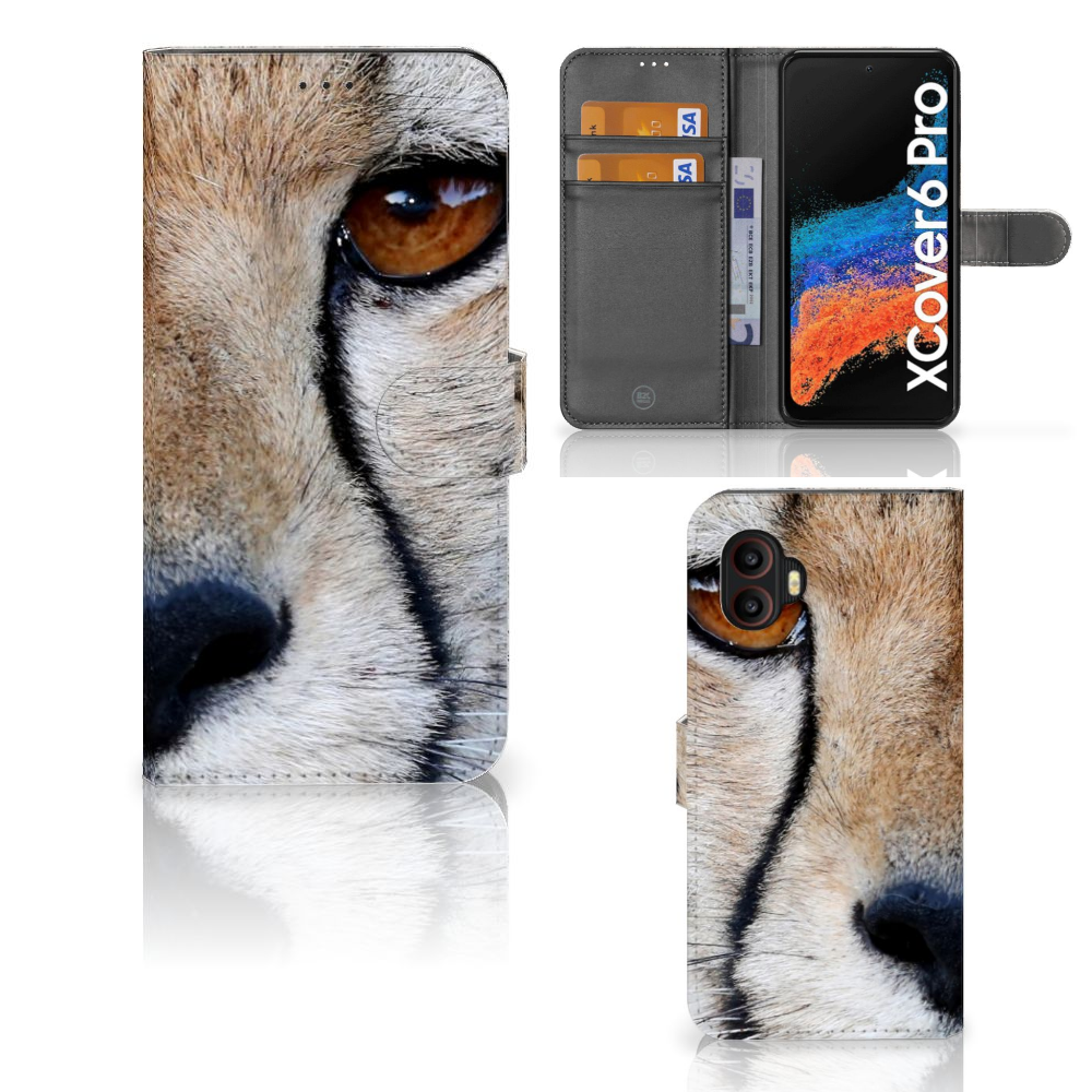 Samsung Galaxy Xcover 6 Pro Telefoonhoesje met Pasjes Cheetah met close-up van cheeta en pasjes ruimte.