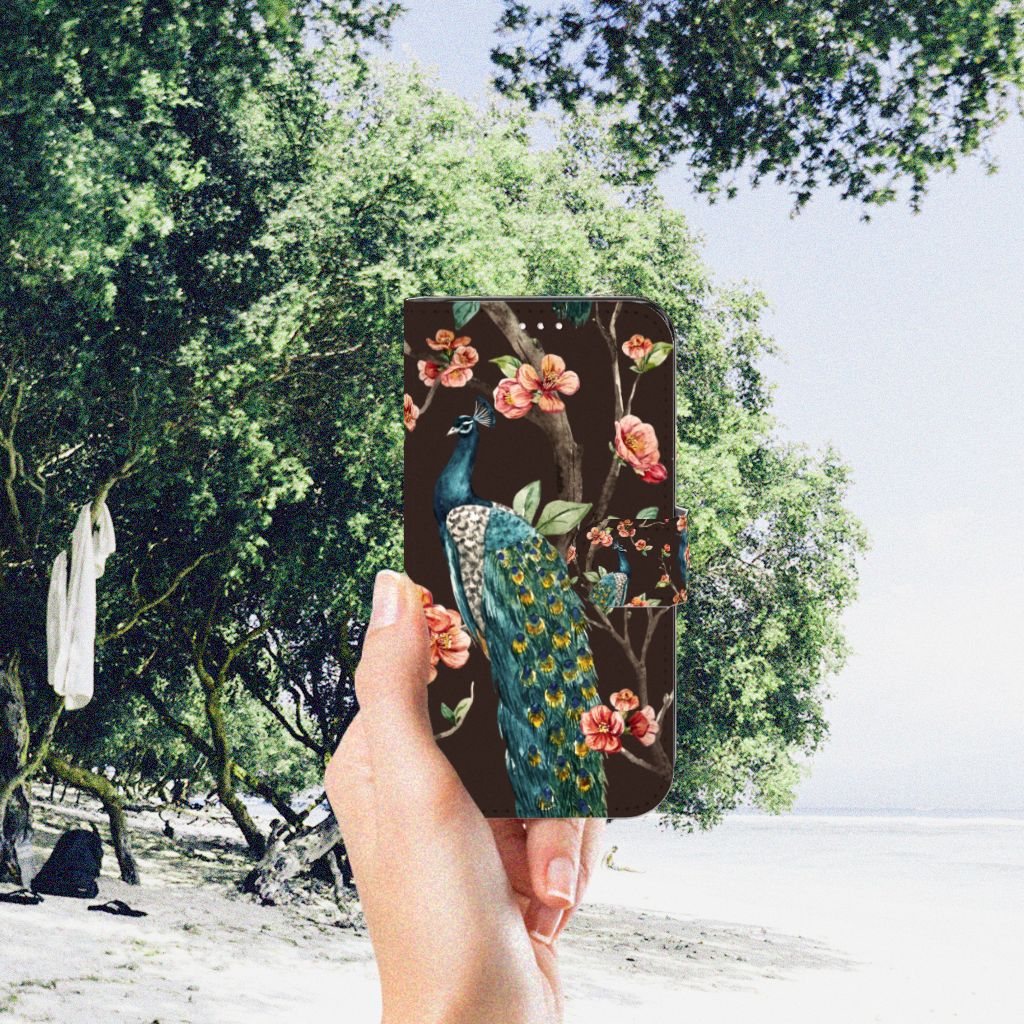 Samsung Galaxy S23 Telefoonhoesje met Pasjes Pauw met Bloemen