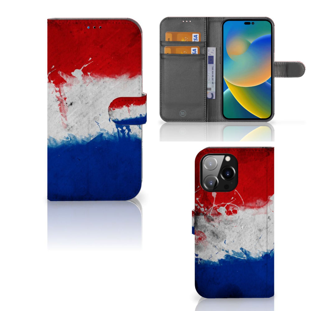 iPhone 14 Pro Max Bookstyle Case Nederland met Nederlandse vlag design, pasjes houder, geopend en gesloten.
