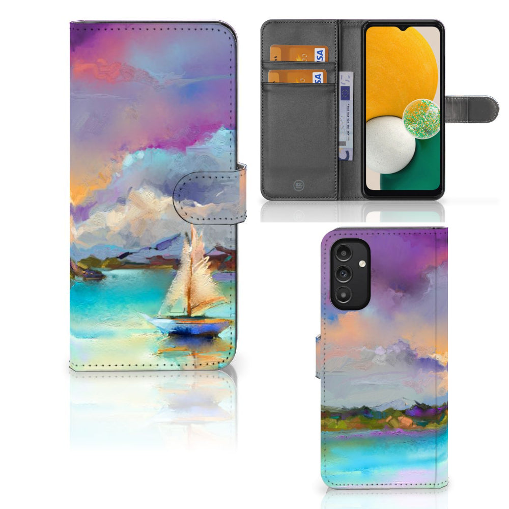 Hoesje Samsung Galaxy A14 4G Boat met abstract ontwerp en ruimte voor drie pasjes.