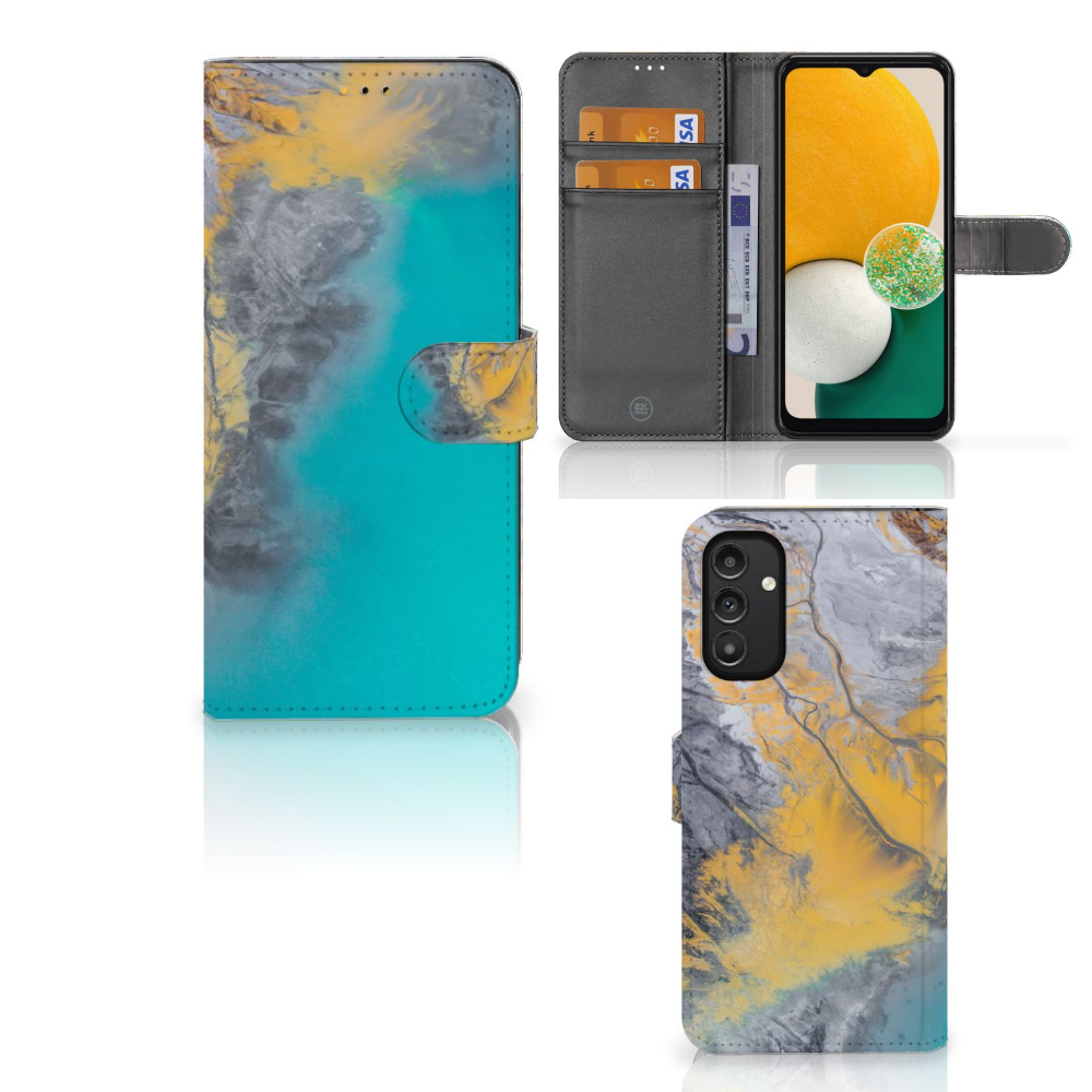 Samsung Galaxy A14 5G Bookcase Marble Blue Gold met kleurrijk design in turquoise en goud.