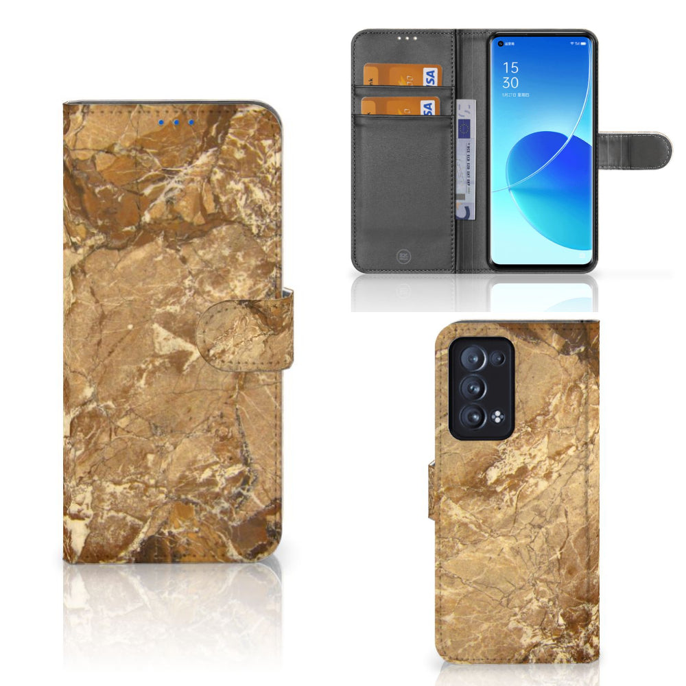 OPPO Reno 6 Pro Plus 5G Bookcase Marmer Creme met marmerlook, pasjes en schermbescherming voor luxe stijl.