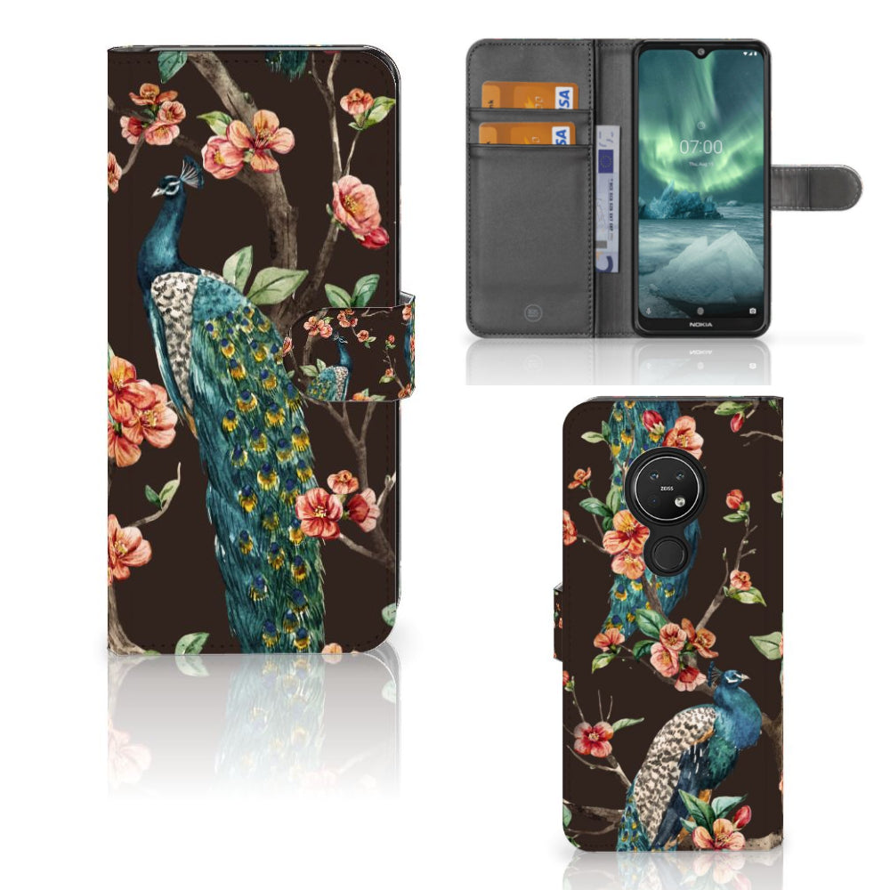 Nokia 7.2 | Nokia 6.2 Telefoonhoesje met Pasjes Pauw met Bloemen