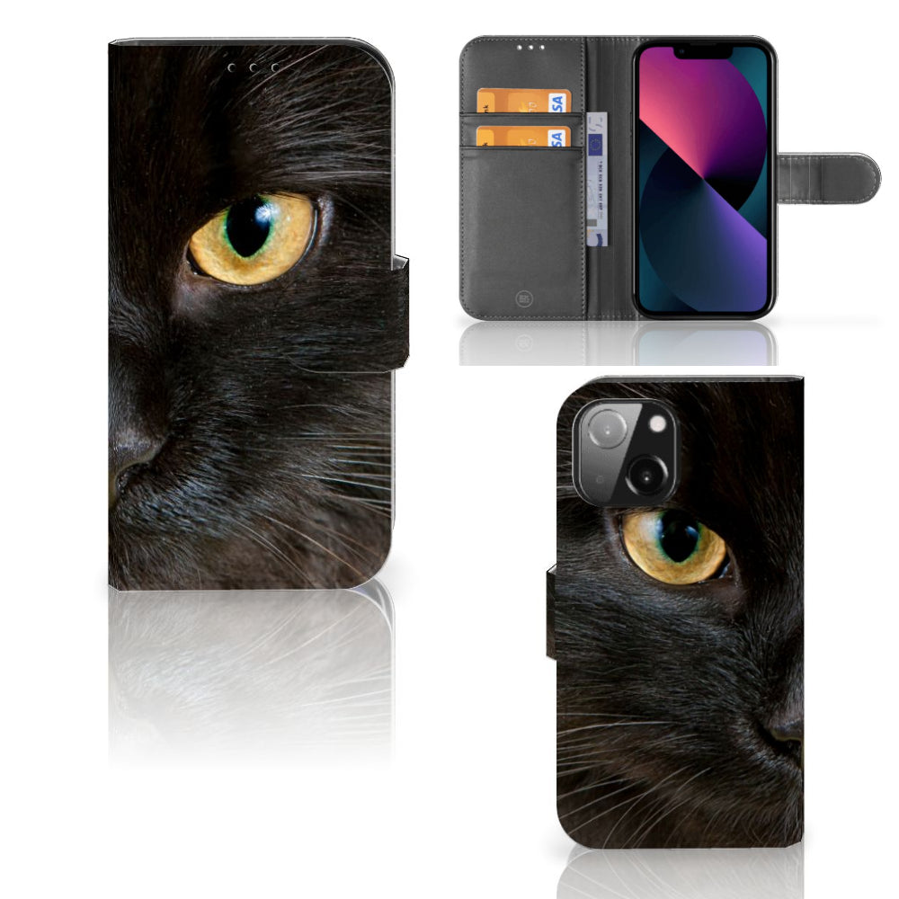iPhone 13 Mini Telefoonhoesje met Pasjes Zwarte Kat
