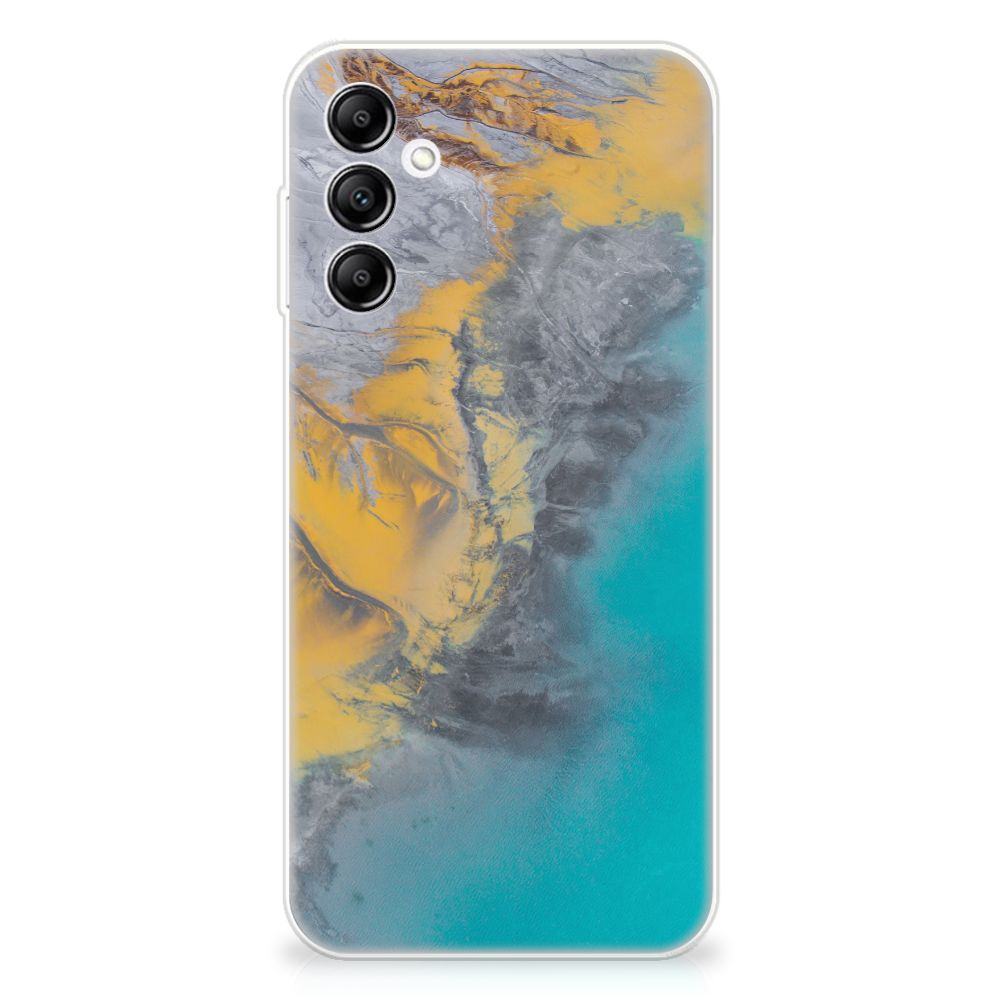 Samsung Galaxy A14 5G TPU Siliconen Hoesje Marble Blue Gold met marmer patroon in blauwtinten en gouden accenten.