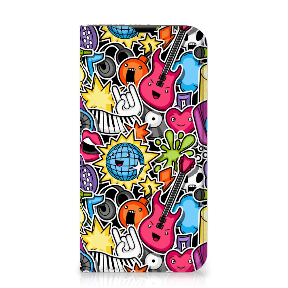 iPhone 13 Pro Hippe Standcase Punk Rock met kleurrijke muziekontwerpen en een gelaagd patroon đ¸