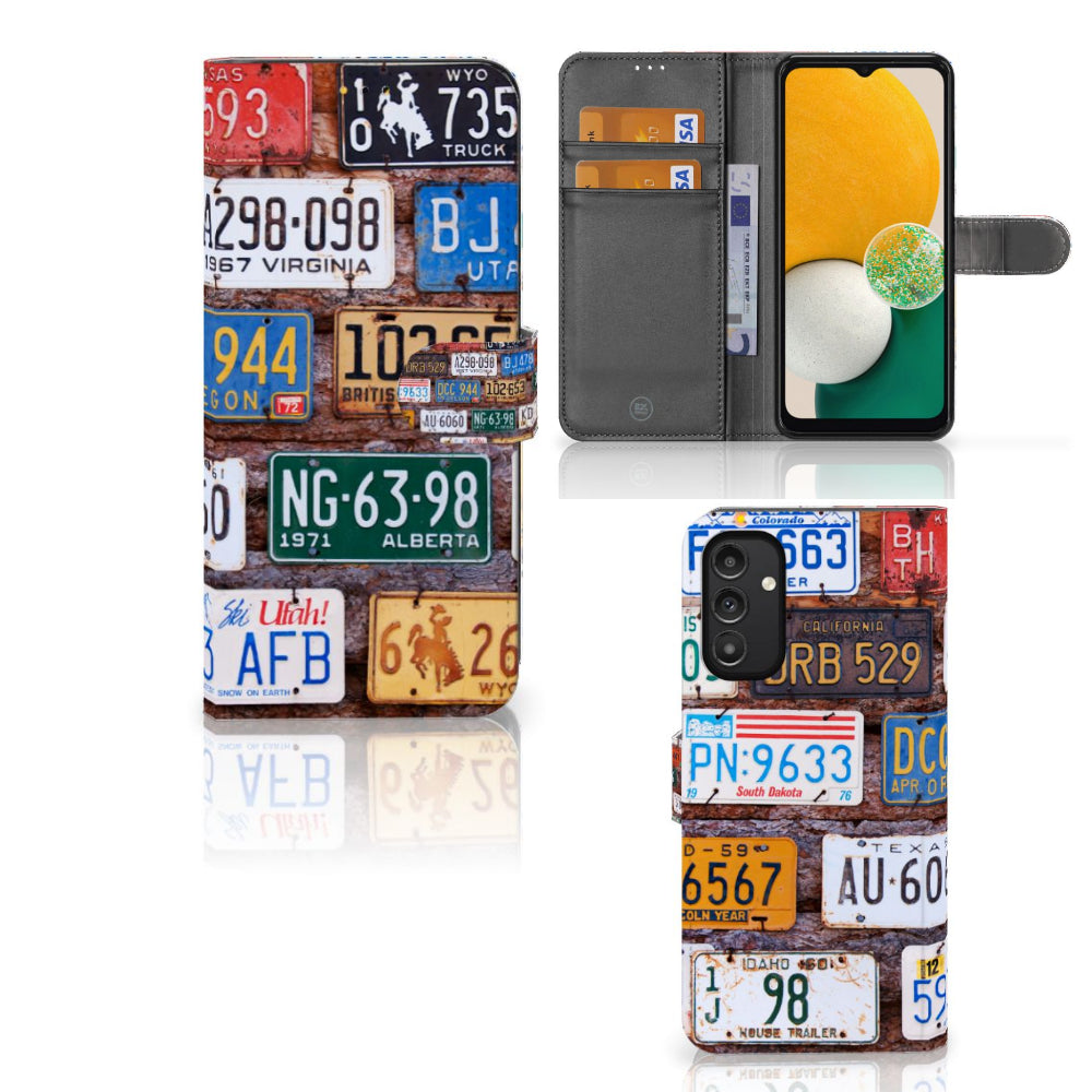 Samsung Galaxy A14 5G Telefoonhoesje met foto Kentekenplaten met kleurrijke collage van Amerikaanse kentekenplaten.