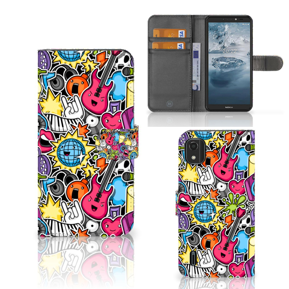 Nokia C2 2nd Edition Wallet Case met Pasjes Punk Rock