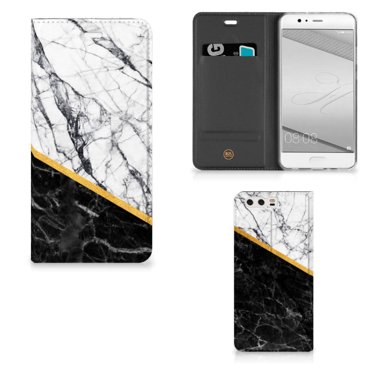 Huawei P10 Plus Standcase Marmer Wit Zwart - Origineel Cadeau Man