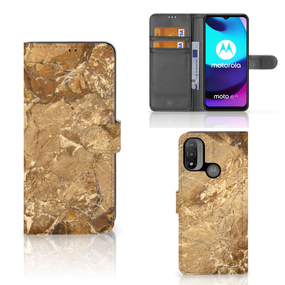 Motorola Moto E20 | E30 | E40 Bookcase Marmer Creme met pasjes en gouden marmerdesign.